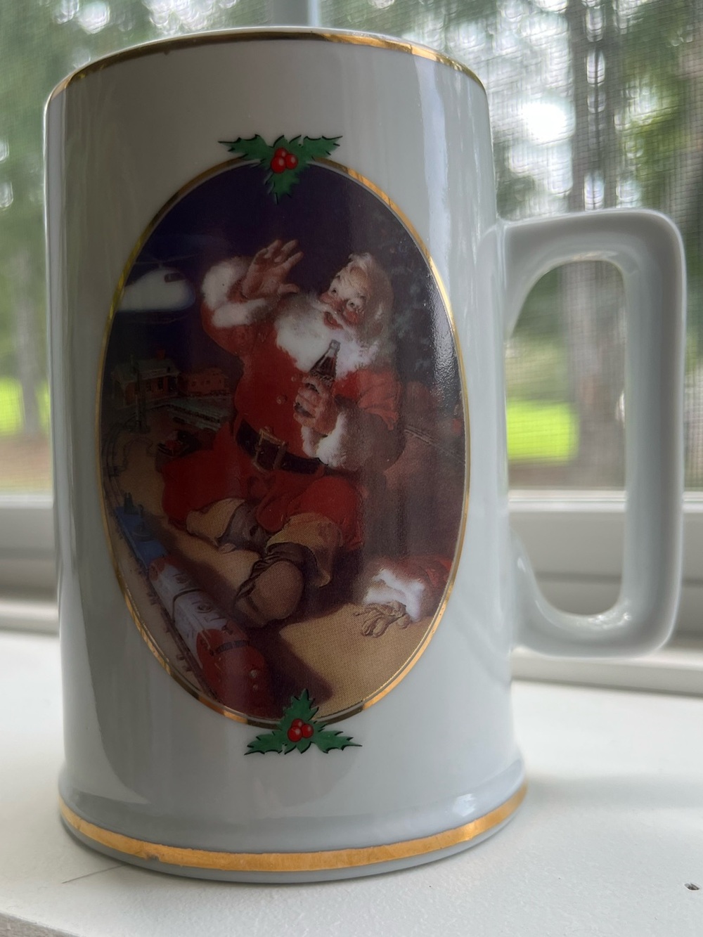 Vintage Coca Cola White and Gold Santa Holiday Ceramic Stein